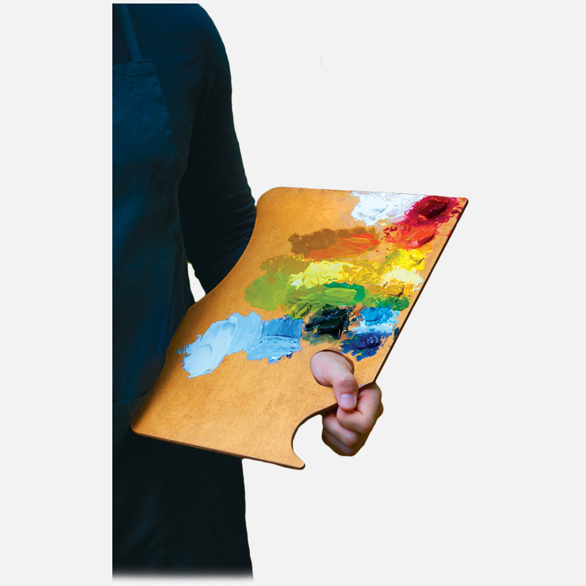 New Wave Handcrafted Maple Wood Highland Ergonomic Hand Held Landscape Artist Paint Palette with oil paint being held