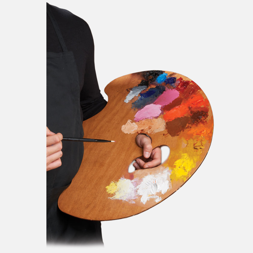 New Wave Handcrafted Maple Wood Grand View Confidant Ergonomic Hand Held Artist Paint Palette with oil paint being held