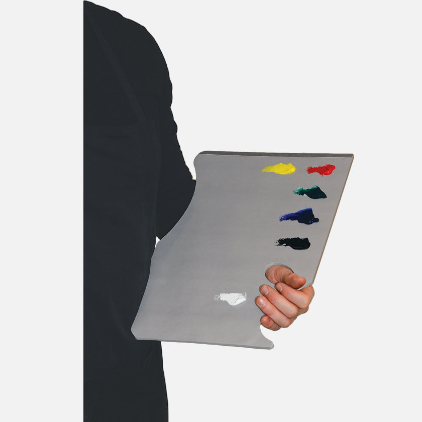 New Wave neutral grey Grey Pad Ergonomic Hand Held disposable paper tear away artist paint palette glued on 3 edges with paint being held
