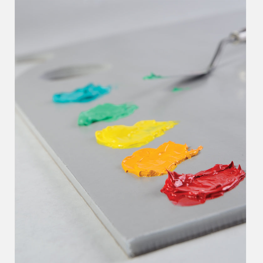 New Wave neutral grey Grey Pad Ergonomic Hand Held disposable paper tear away artist paint palette glued on 3 edges with paint and a palette knife