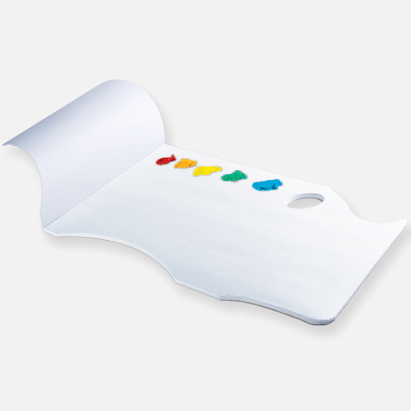 New Wave White Pad Ergonomic Hand Held white disposable paper tear away artist paint palette glued on 3 edges with paint