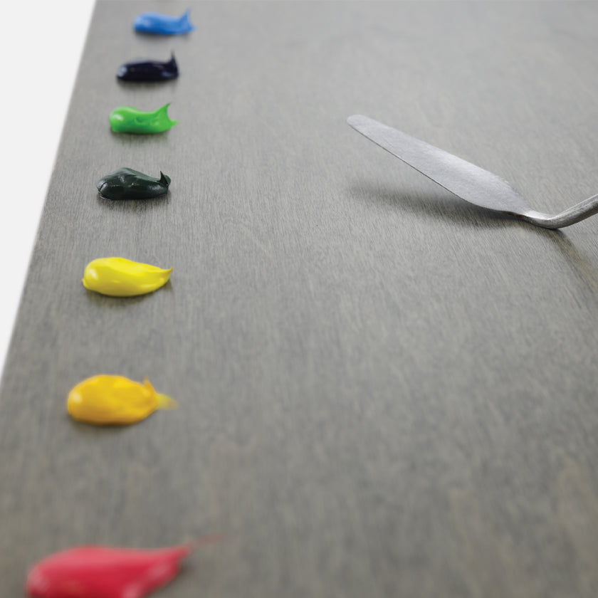 New Wave handcrafted POSH Wood neutral grey stained table top artist paint palette with oil paint and palette knife