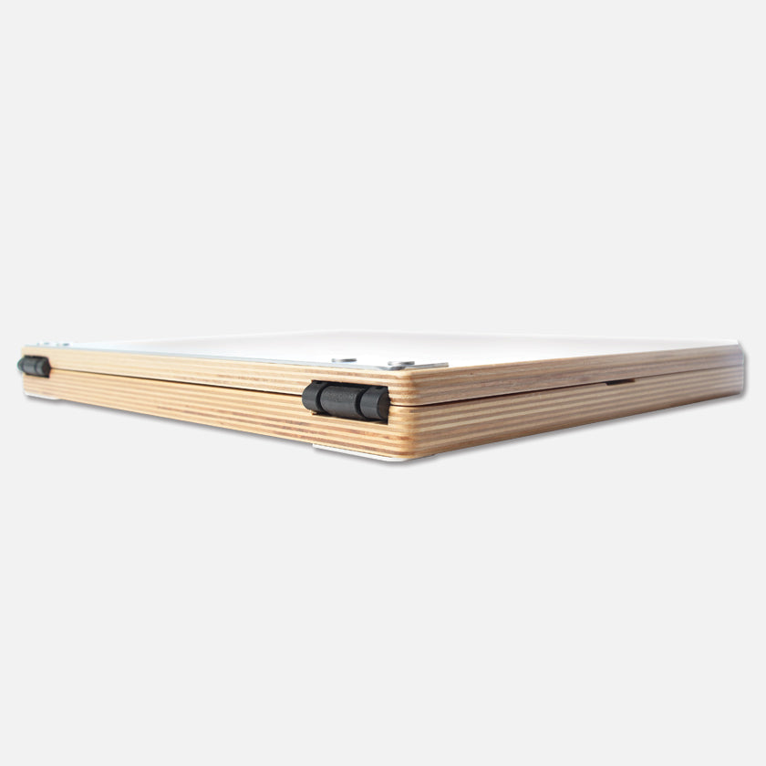 u.go Plein Air Anywhere Pochade Box, 11" x 14.5" model, back angled view of friction hinges