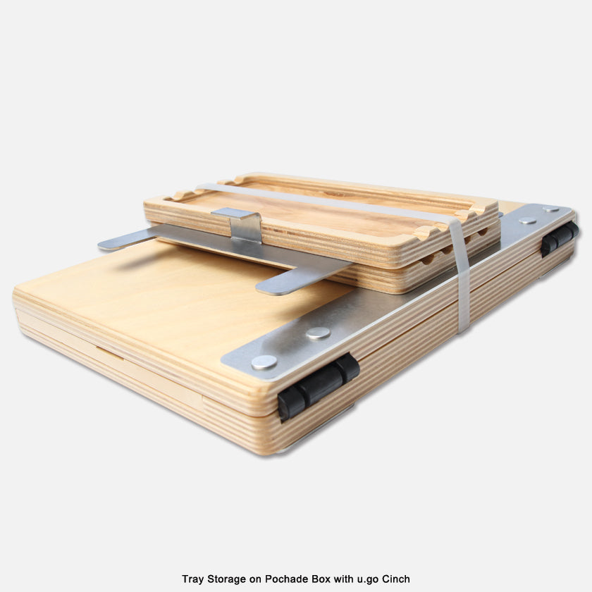 u.go Plein Air Anywhere Side Tray 4" x 11" attached to top of u.go Anywhere Pochade Box with the u.go Cinch