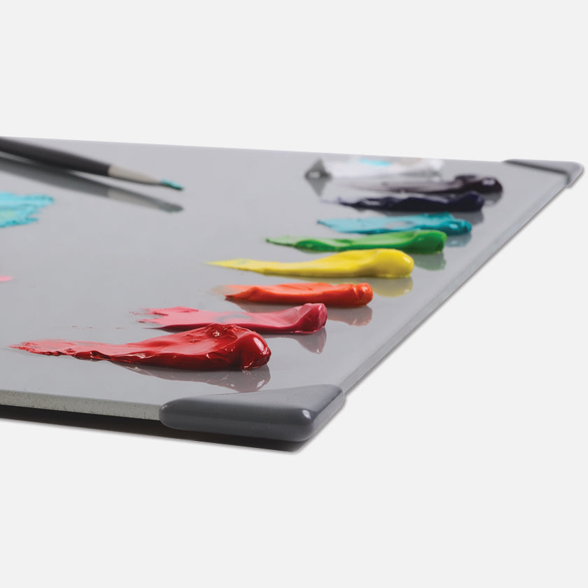 New Wave POSH Tempered Glass Neutral Grey Artist Paint Palette with paint and an artist brush